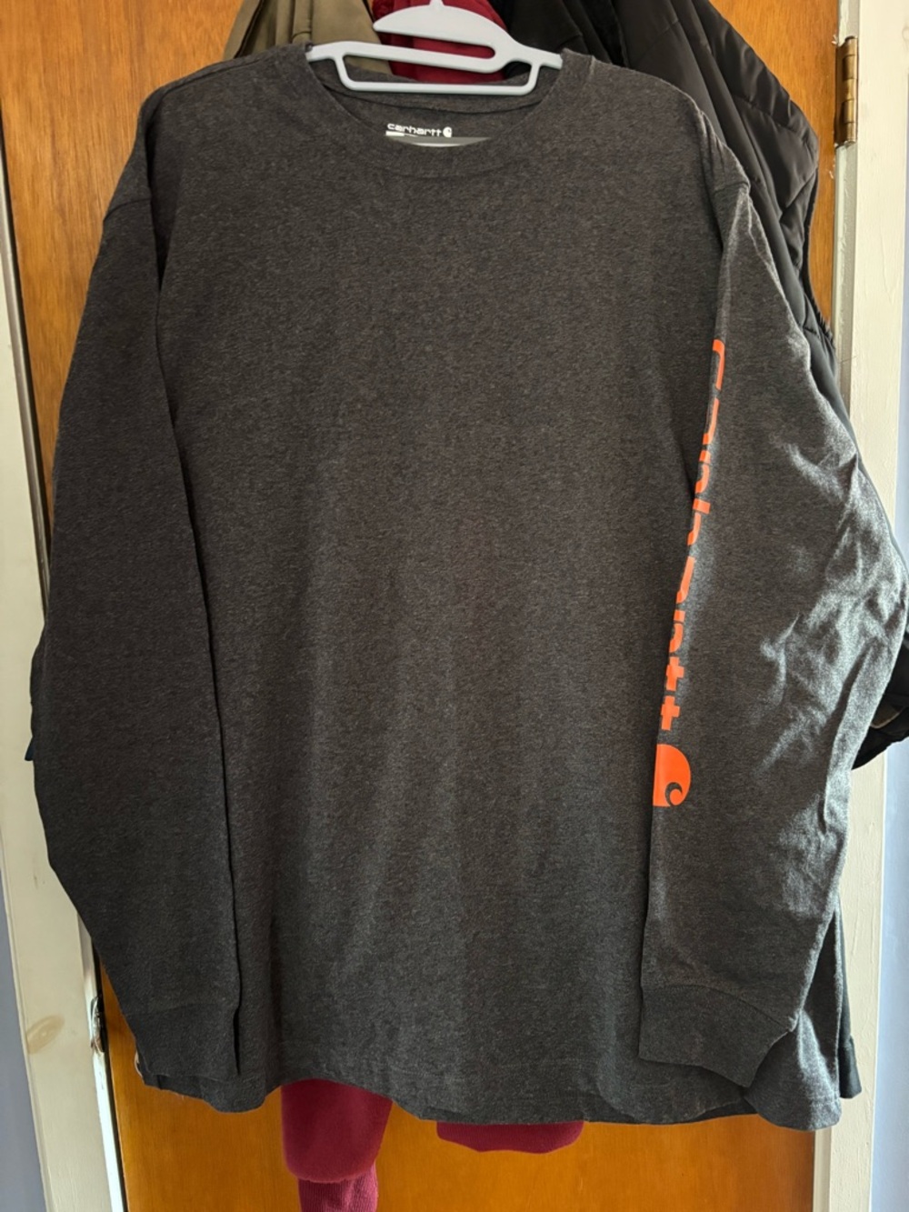 NWT Carhartt Charcoal Loose Fit Long-Sleeve Tee with Orange Sleeve Logo - Picture 2 of 8